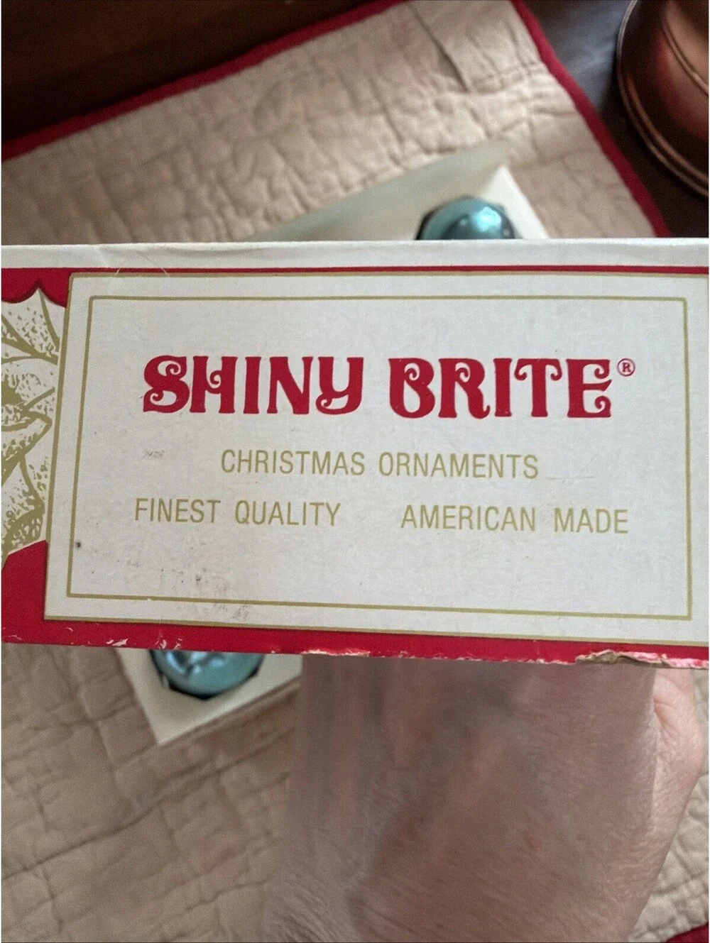 SHINY BRITE Vtg Box With 9 Mini Light Blue Glass Ornaments Made USA MCM Retro